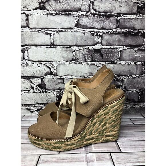 Tory Burch Taupe Canvas Textile Green Tan Espadrilles Wedge Women Sz 10M US/41EU - Picture 1 of 15